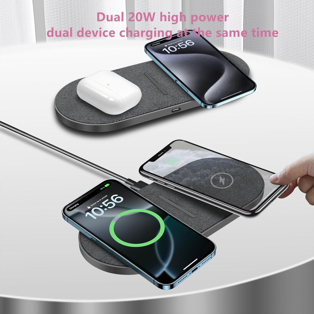 40W Wireless Charging Pad,Dual 20W Charging mat for Apple iPhone 16 15 14 13 12 11 Pro/Max/Mini/Plus/XS/XR,Airpods 4/3/Pro,2 in 1 Wireless Phone Charger for Samsung,Pixel,Xperia(with PD Adapter)