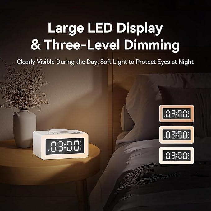 Dual Speaker White Noise Sound Machine, Wireless Charging Alarm Clock for Sleeping with 5.3 Bluetooth, Soothing Music, Dimmable Night Light, Sleep Timer, Ideal for Bedroom, Baby & Adults
