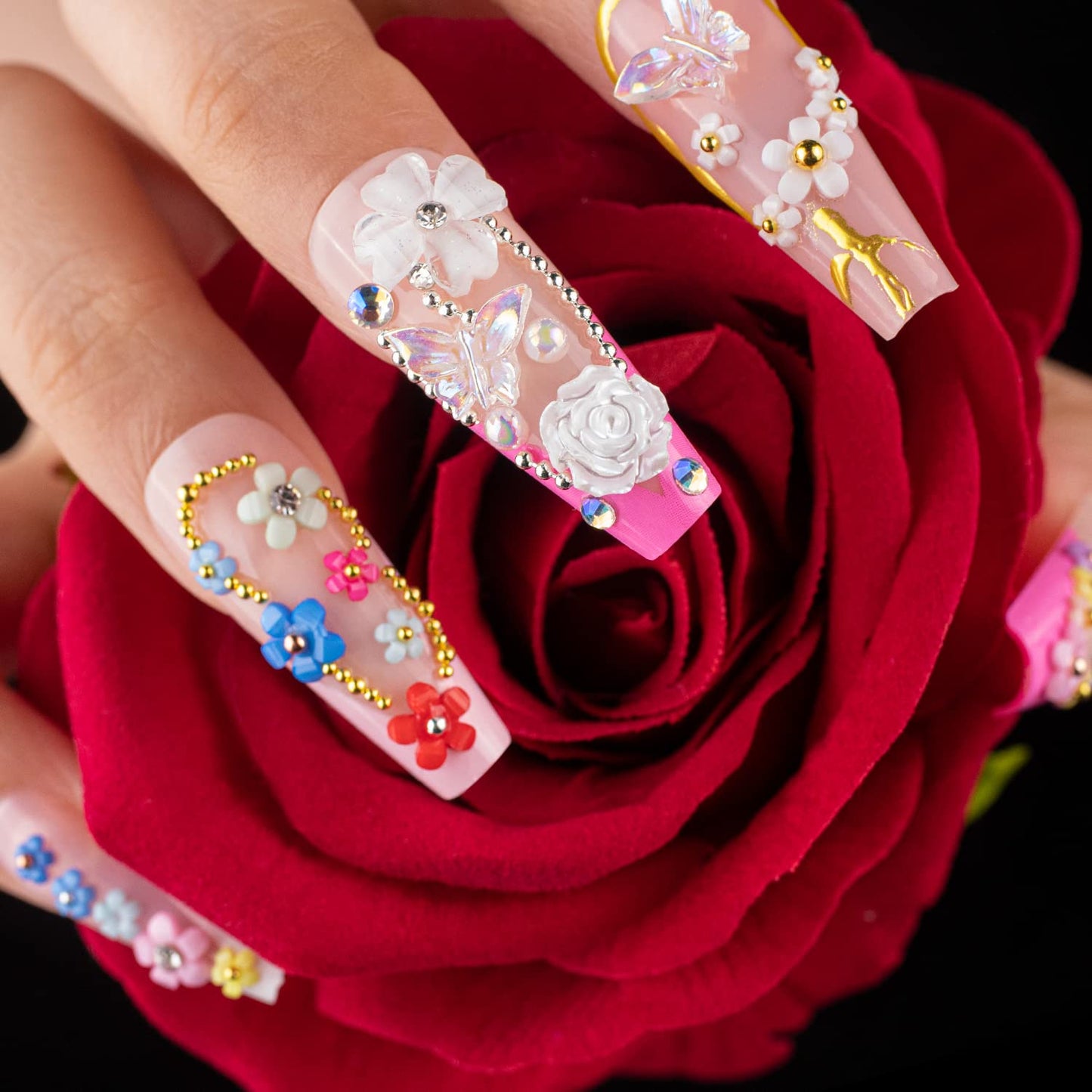 Mixed 3D Nail Art Gem Decoration Accessories Kit #8, Aurora Bear Bow Butterfly Starry AB Rhinestone Charm Jewelry for Deco, Pearl Flower Caviar Bead Stone Crystal with Pickup Pencil and Tweezer