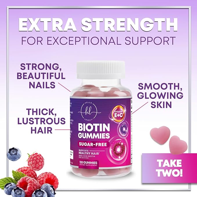 Hair Vitamins Gummy with Biotin 5000 mcg, Sugar-Free Hair Growth Support with Vitamins E & C, Non-GMO, Thicker, Stronger & Beautiful Hair, Skin & Nails, Hair Vitamin for Women & Men - 120 Gummies