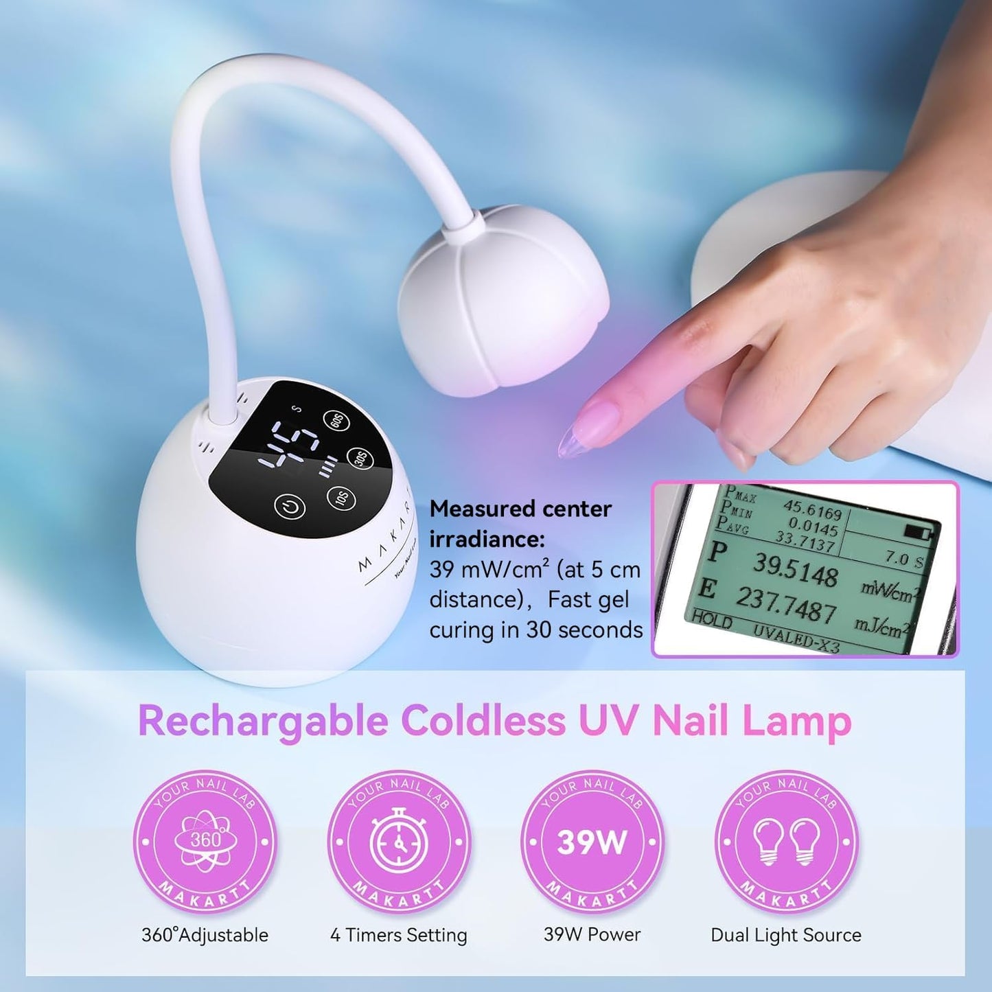 Makartt UV LED Nail Lamp - Gooseneck UV Light for Gel Nails Cherie Cordless USB 39W Nail Dryer LED Gel Lamp with 4 Times & Auto Sensor Fast Flash Curing Light for Salon Use (White)