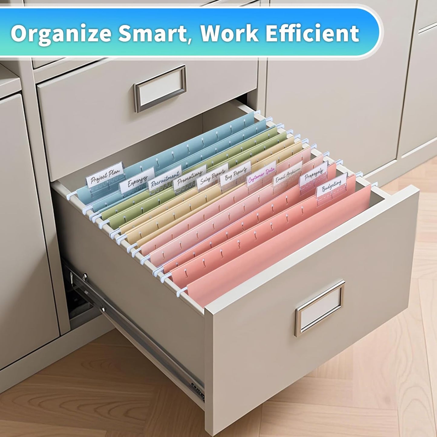 25-Pack Pastel Hanging File Folders, Letter Size (8.5"x11") with 1/5-Cut Tabs,25 Transparent Label Cards, 25 Sticker Labels–Home Office & Filing Cabinets