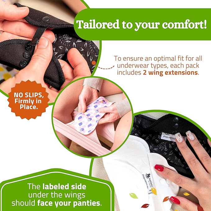 Non-Slip Organic Reusable Period Pads for Heavy Flow & Incontinence (L+XL, 6-Pack); High-Temp Cotton Washable Cloth Pads for Women; Non-Irritating, Soft Reusable Pad Menstrual for Comfortable Care