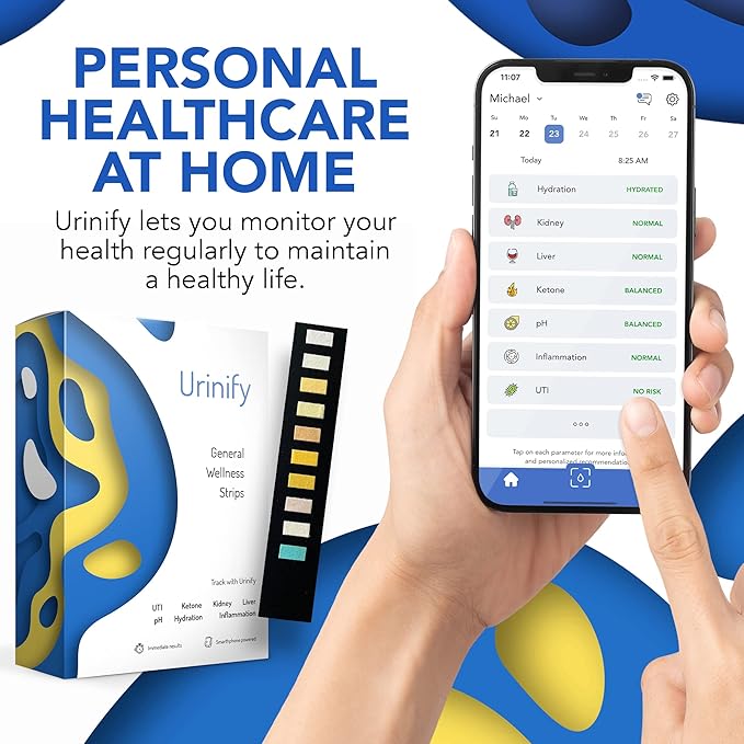 Mobile App Urine Test Strips -Trusted at Home Kidney and Liver Test Kit, Urinary Protein, UTI Test, Hydration, Ketone Body, pH, Urinalysis- Essential Kit (6 Strips)