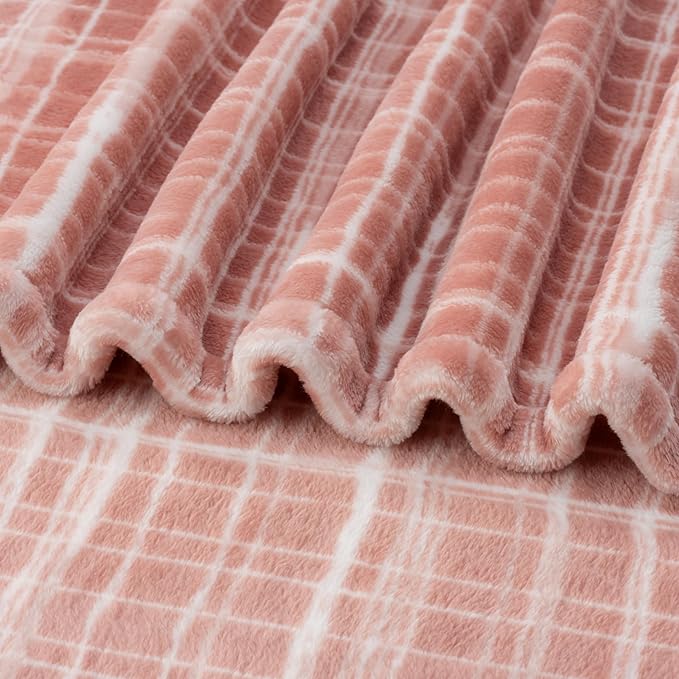 Berkshire Blanket-Classic Heavyweight Soft Printed VelvetLoft® Plush Blanket, Full/Queen Size Soft Fuzzy Warm Blanket for Couch Sofa Bed, Watercolor Plaid Blush, 90in x 90in
