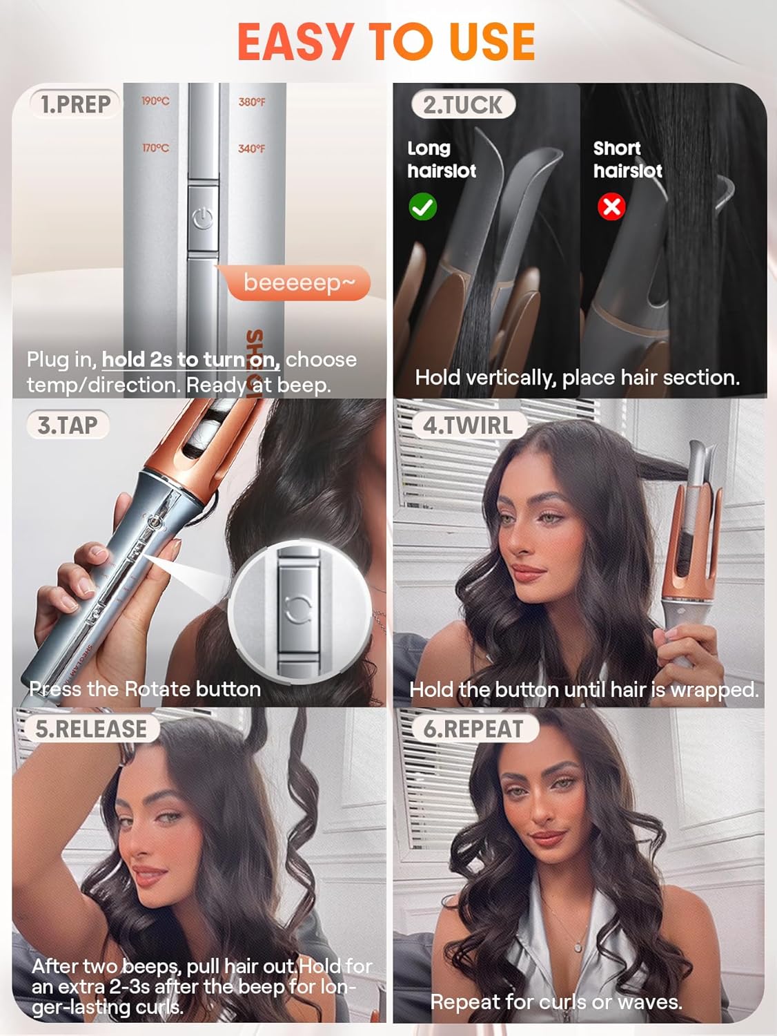 SHEGLAM Automatic Curling Iron 1 inch with 3 Temperatures Fast Heating, 2-Way Rotation, Automatic Shut-Off, Anti-Scald, Anti-Tangle Rotating for Hair Styling