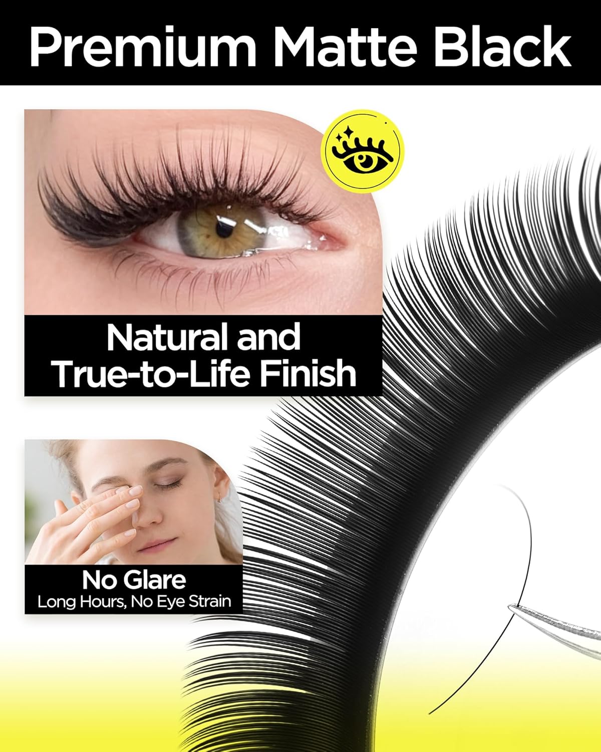 BEYELIAN Eyelash Extension 0.05 D+ Curl 10mm Tray Easy Fan Lash Extensions Volume Lashes 100°/212°F High Temperature Resistant Classic Professional Use Natural Matte Black (0.05 D+ 10mm)