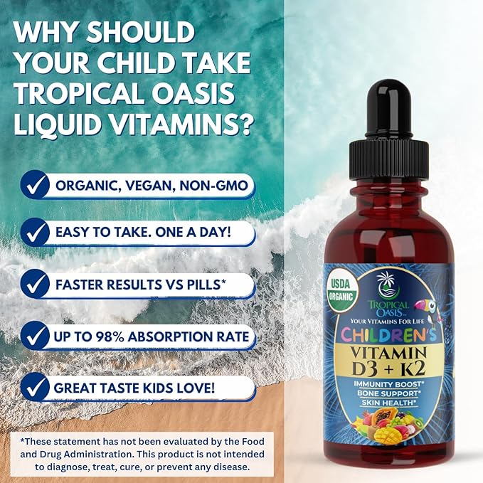 USDA Organic Vitamin D3 K2 Liquid Drops | Vitamin D3 K2 Supplement for Kids & Toddlers Ages 1+ | Kids Supplement for Calcium Absorption Strong Bones | Vegan, Non-GMO | 2 Fl Oz