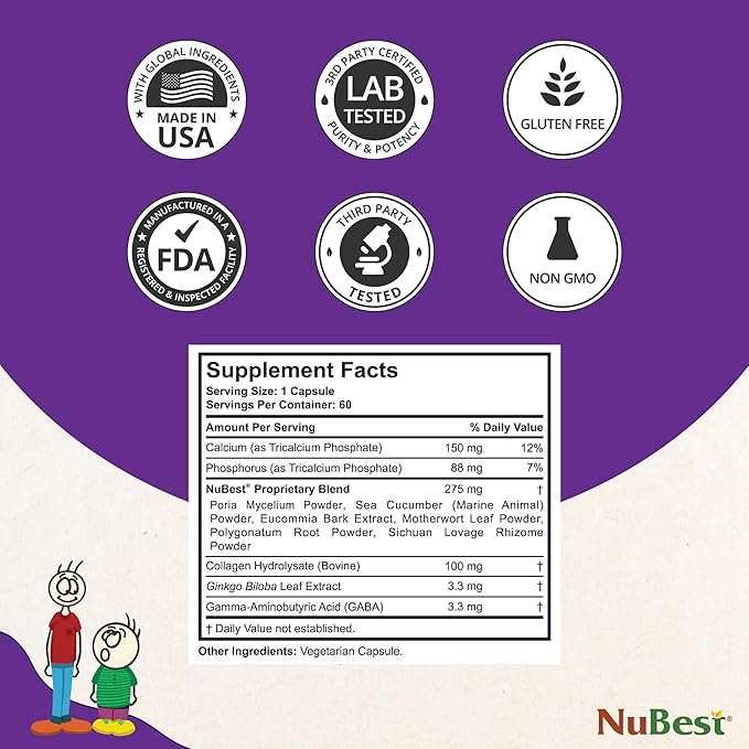 NuBest Tall - Support Bone Strength, Immunity and Stronger Bone with Calcium, Collagen and Herbs for Ages 5+ and Teens Who Don’t Drink Milk Daily - 60 Capsules | 1 Month Supply