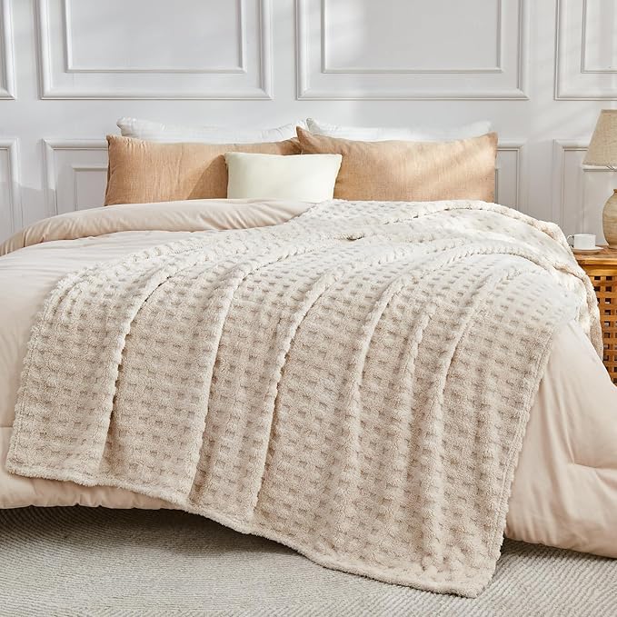 NEWCOSPLAY Super Soft Queen Blanket Linen Premium Silky Flannel Fleece 3D Waffle Checkered Lightweight Bed Blanket All Season Use (Linen, Queen(90"x90"))