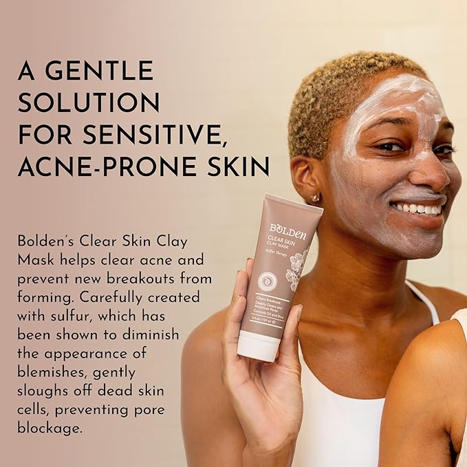 BOLDEN Clear Skin Clay Mask | Made with Sulfur for Deep Pore Cleansing & Preventing Breakouts | Pore Minimizer and Oil Reducer for Sensitive Skin | 3.5 fl oz