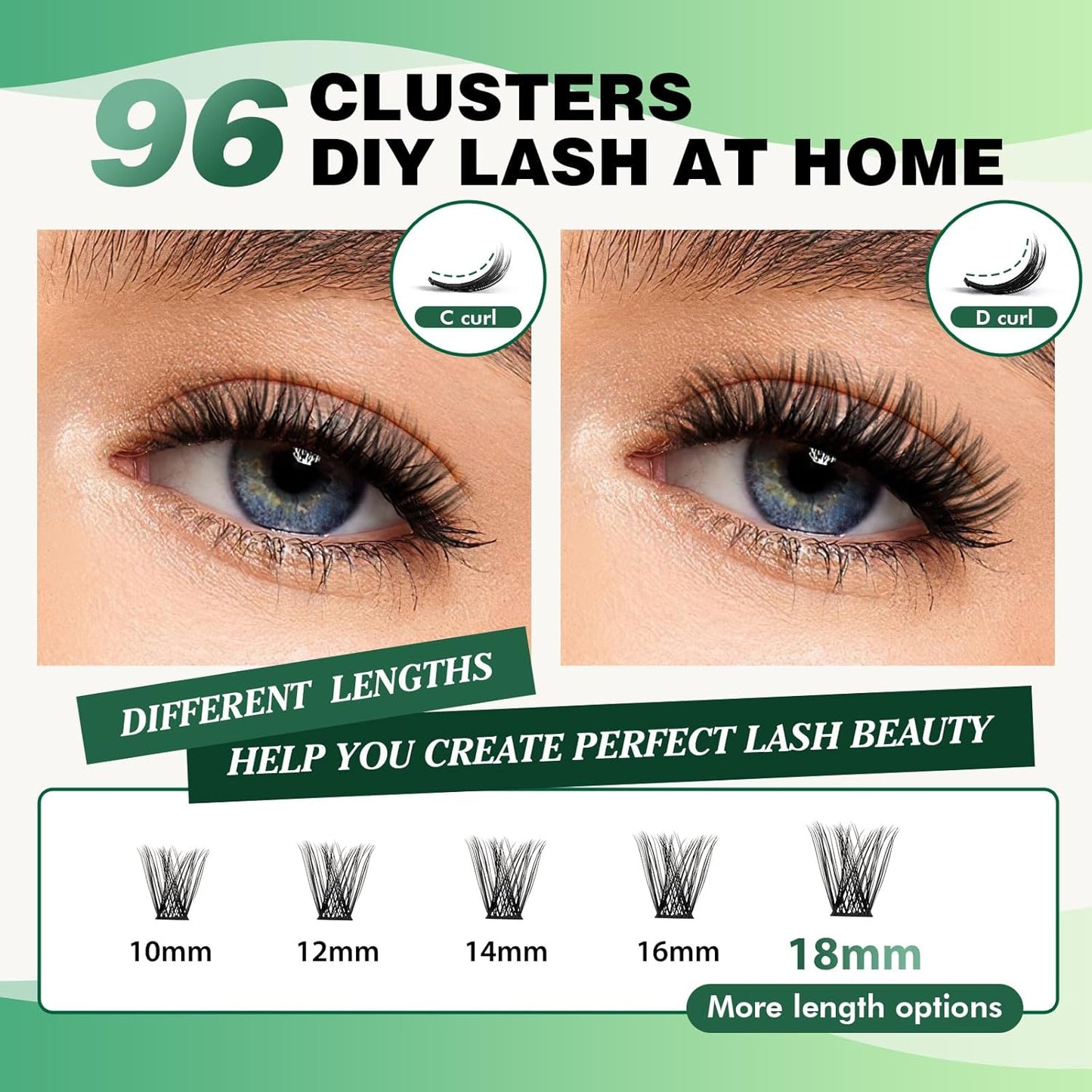 Lash Clusters 96pcs Individual Lashes D Curl 10mm Eyelash Clusters KEYYOU Volume Wispy Lash Extension Soft&Comfortable Easy DIY at Home(Y18,D-10mm)