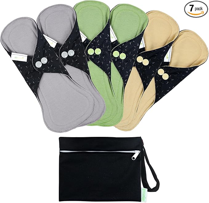wegreeco 6 Pcs Reusable Menstrual Pads, Ultra Absorbent Cloth Pads for Period, Sanitary for Teens, Women, Nonslip Panty Liners + 1 Pc Wet Bag (Mustard Yellow, Grey, Beige, M)