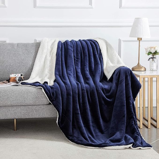 IR Imperial Rooms Navy Sherpa Fleece Throw Blanket Twin Size for Bed - Wholesale Bulk Pack of 12 Sherpa Blankets - Soft Fluffy Throw Blankets for Hotels, Guest Bedroom, 60x80 Inches