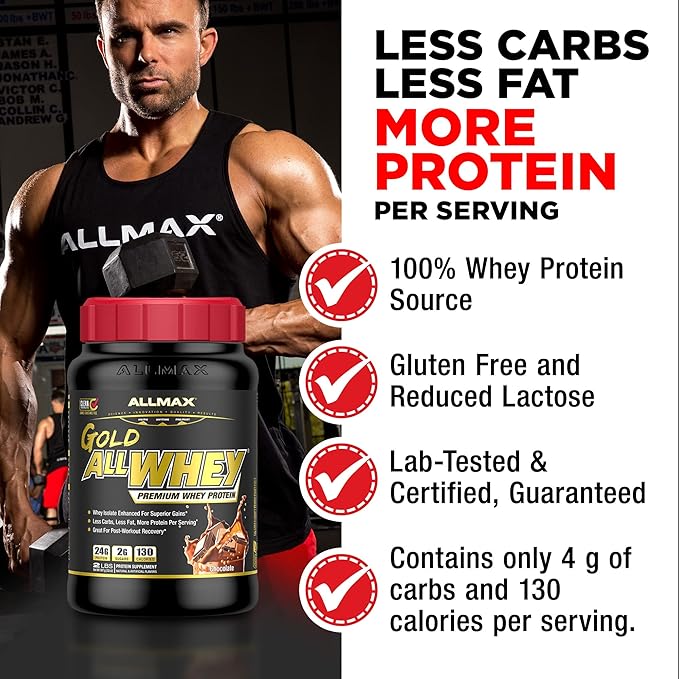 ALLMAX Nutrition Gold ALLWHEY, Chocolate- 5 lb - 24 Grams of Protein Per Scoop - Gluten Free, Low Carb & Low Sugar - Approx. 71 Servings