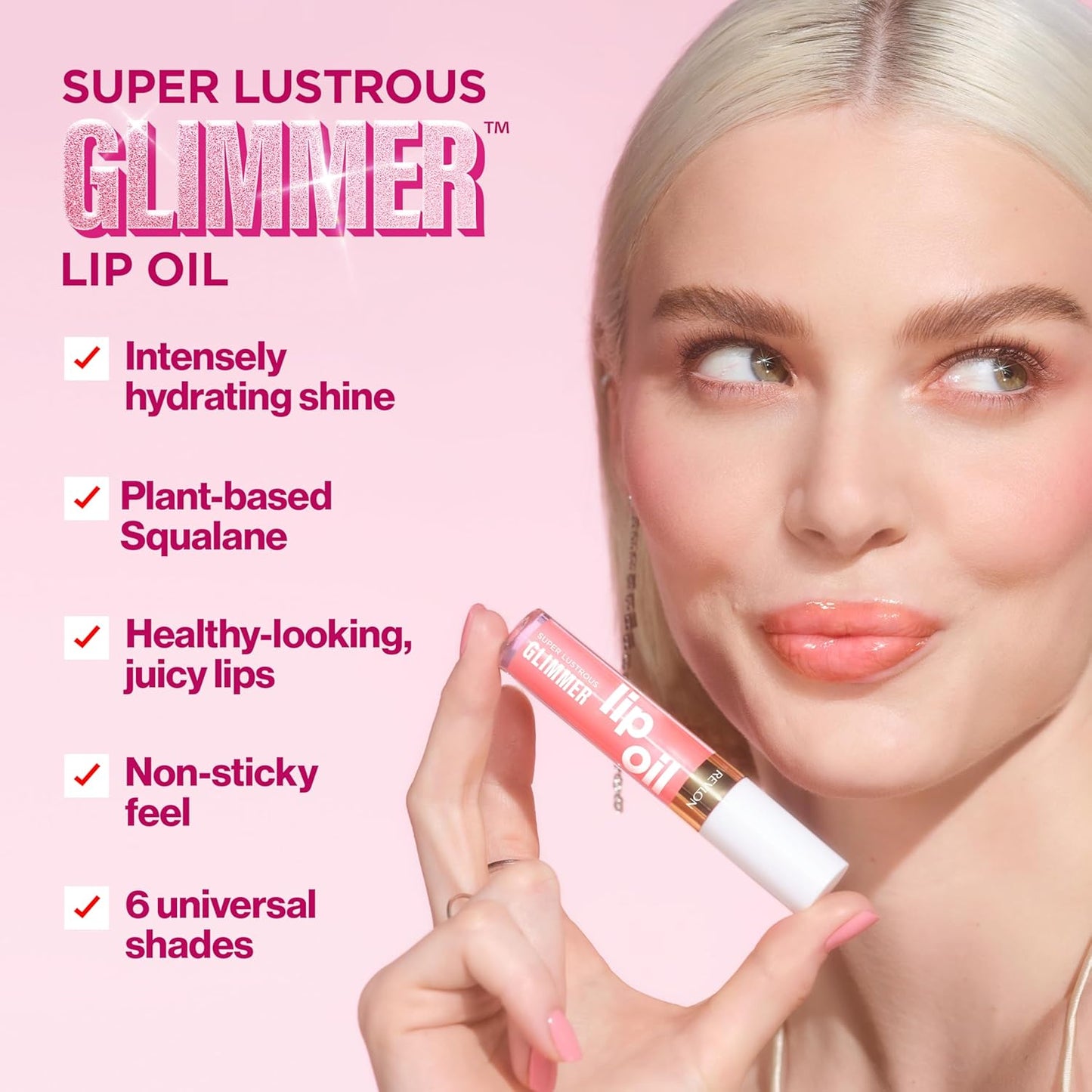 REVLON Super Lustrous Glimmer Lip Oil, Moisturizing & Tinted, Shiny Finish, Made with Plant-Based Squalane, 008 Just Toasty, 0.13 fl oz