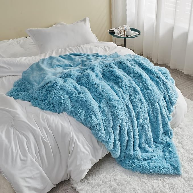 GONAAP Fuzzy Faux Fur Throw Blanket Queen Size Sky Blue Super Soft Cozy Plush Fuzzy Shaggy Blanket for Couch Sofa Bed (Sky Blue, Queen(90"x90"))