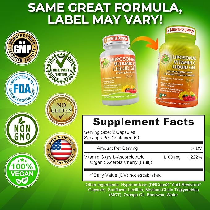 Liposomal Vitamin C Liquid Gel Capsules - 1100mg - Made with Organic Acerola Cherries, High Potency Vitamin C Liposomal Immune Support Supplement with Enhanced Absorption & Bioavailability - 120 count