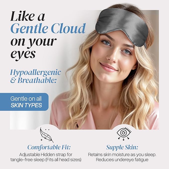 Adjustable Blackout Silk Sleep Mask - Luxurious 100% Pure Mulberry Silk Eye Mask for Restful Sleep & Travel, Hypoallergenic, Cooling, for Women & Men, Grade 6A Silk (Charcoal Grey)