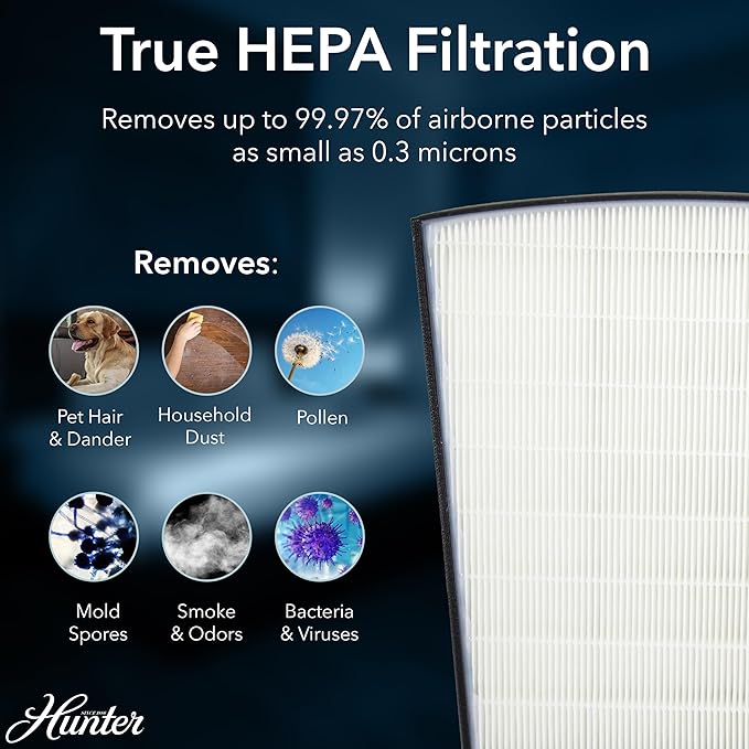 Hunter HP800 Air Purifiers for Home Large Room and Bedroom. True HEPA Air Purifier for Pets, Odors, Allergens, Smoke, Dust, VOC's. Value Bundle w/Extra Filter. Cleans 2585 Ft² per hour. Graphite