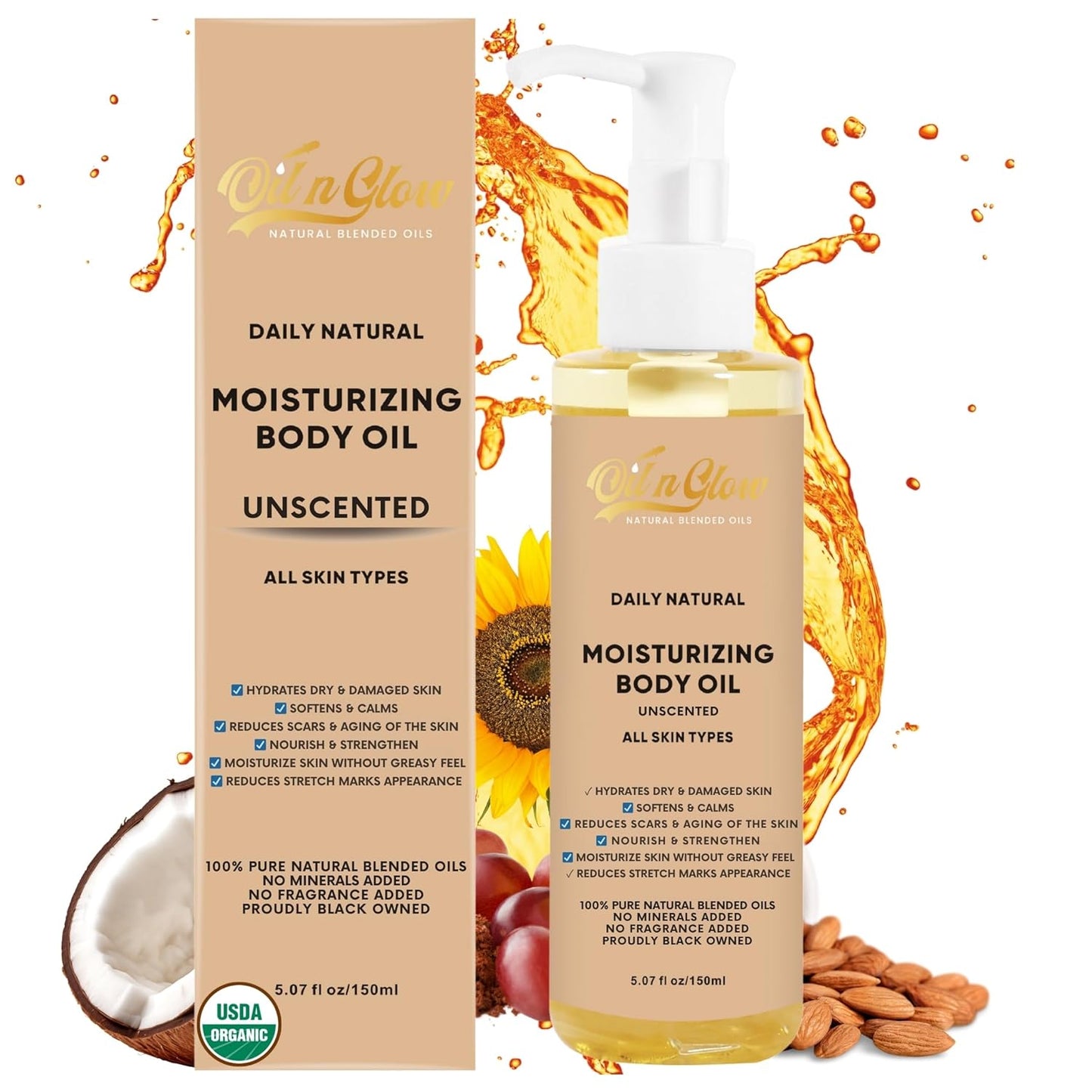 USDA Certified 100% Organic Pure Natural Hydrating Body Oil After Shower With Coconut, Jojoba, Olive & Almond Non-Greasy Moisturizing Oil For Women & Men Dry Skin 5.07 fl oz/150ml - Unscented