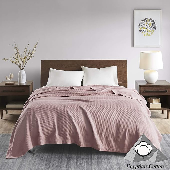 Madison Park Soft Certified 100% Egyptian Cotton Breathable Cozy Blanket, Premium Waffle Knit Classic Design, Luxury All Season Lightweight Cover for Bed, Couch and Sofa, Rose Full/Queen(90"x90")