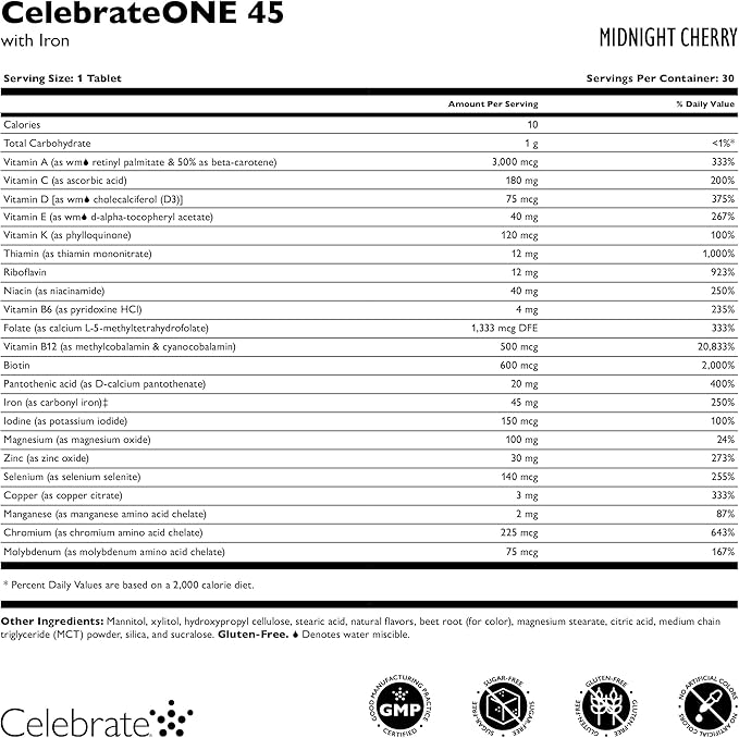 Celebrate Vitamins CelebrateONE 45 Chewables, 45mg Iron - One A Day Bariatric Multivitamin, Essential Vitamins & Minerals - Gastric Bypass & Sleeve Gastrectomy Supplement - Cherry (30 Tablets)