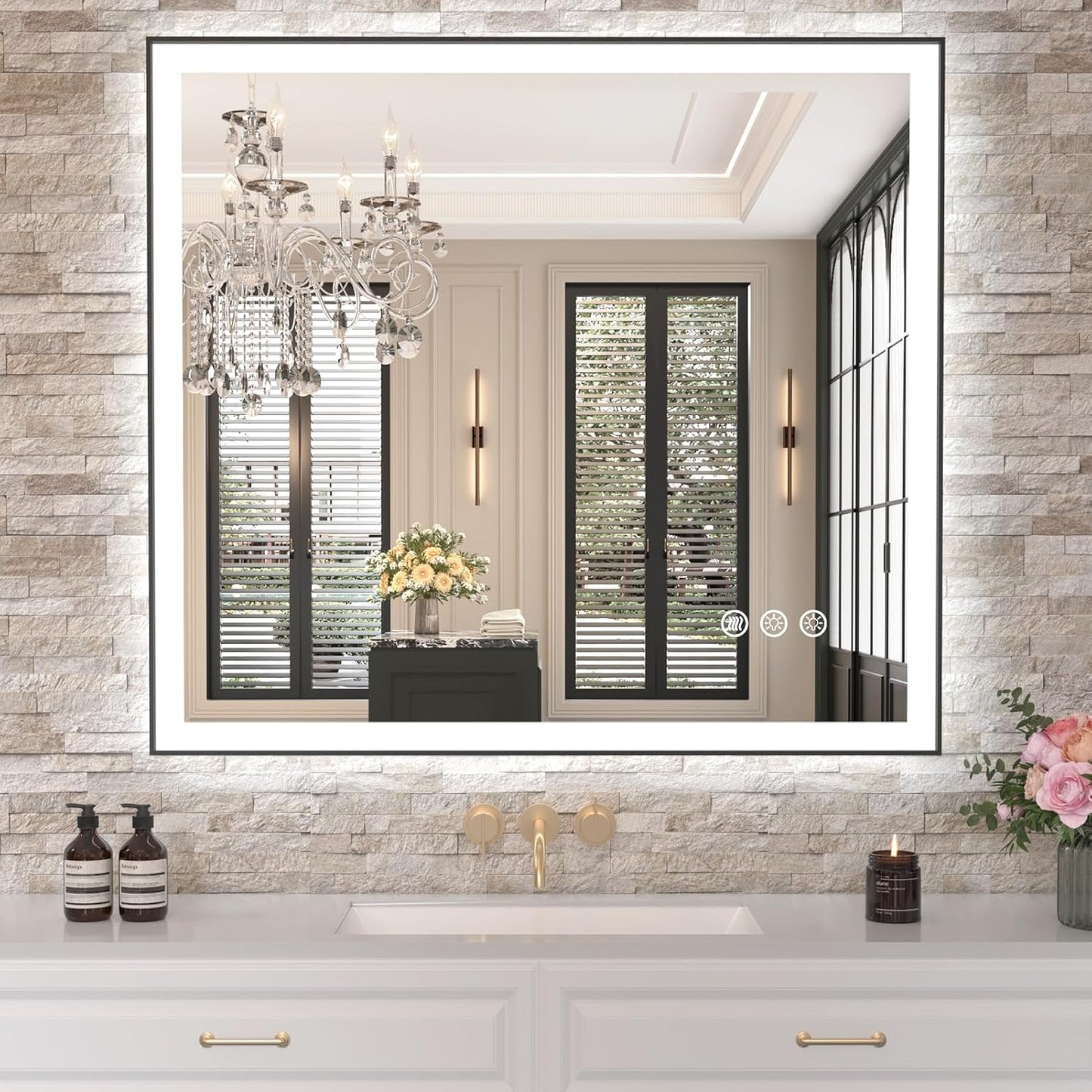 Amorho 40" X36" LED Bathroom Mirror with Black Frame, Front Light and Backlit(Controlled Separately), Stepless Dimmable, Anti-Fog, Shatter-Proof, 3 Colors, Memory
