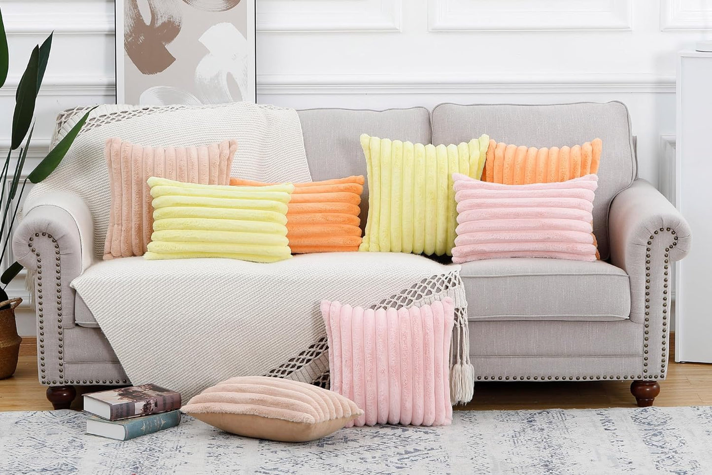 MADIZZ Set of 2 Faux Wool Plush Decorative Throw Pillow Covers 22x22 Inch Light Brown Fluffy Striped Soft Decorative Cushion Cover for Sofa Bedroom Pillow Shell