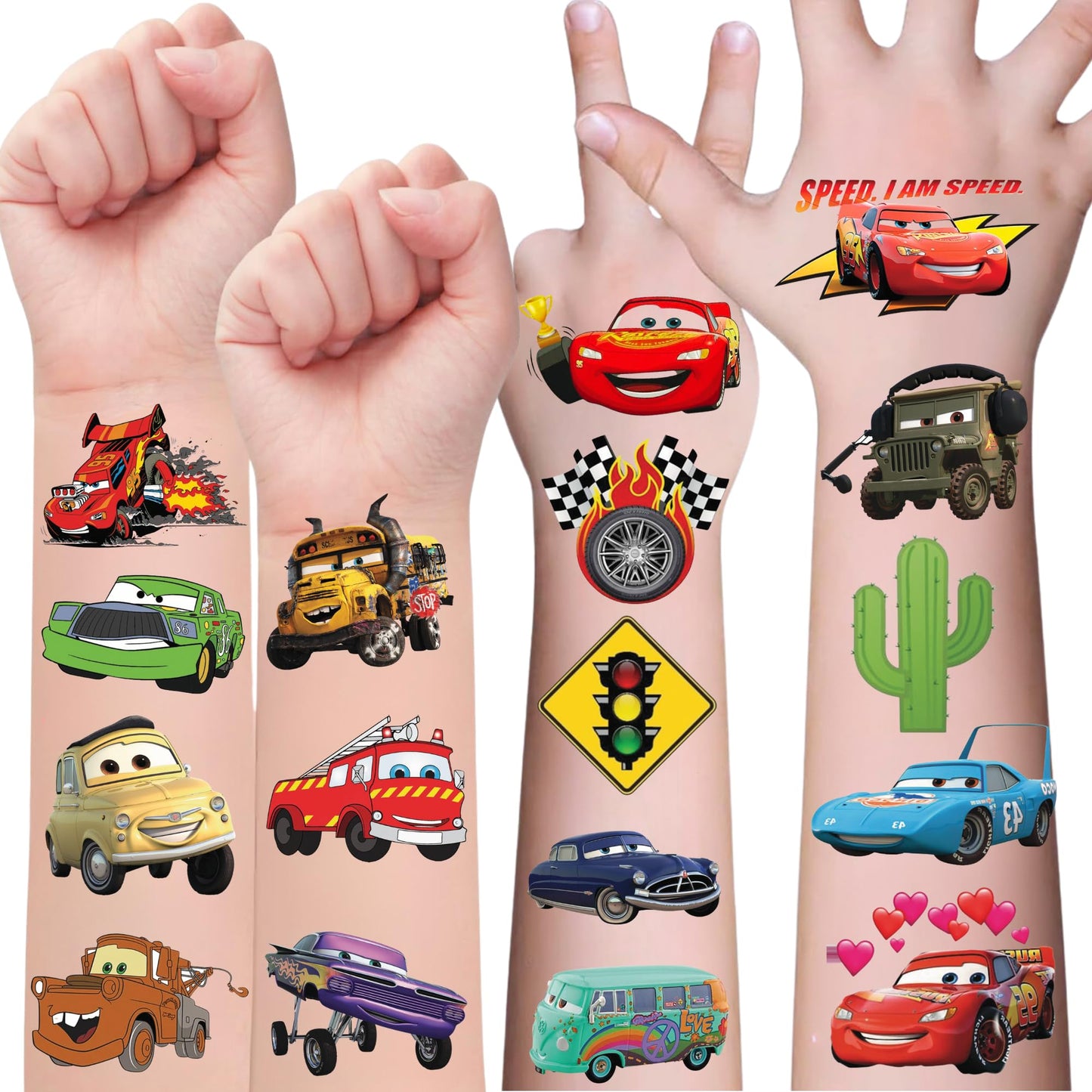 Racing Car Temporary Tattoos - 57Pcs Truck Tractor Vehicle Tattoos Gift Idea For Kids Birthday Party Favors Decorations Supplies Festival Summer 4 sheets