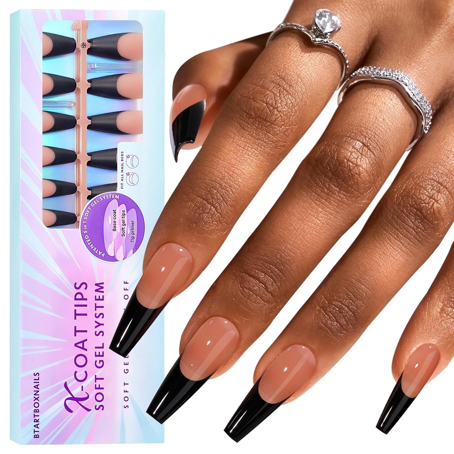 BTArtboxnails XCOATTIPS Black Press on Nails - French Tip Press on Nails Long Coffin Nail Tips, Soak Off Acrylic Gel Fake Nails Art Extension