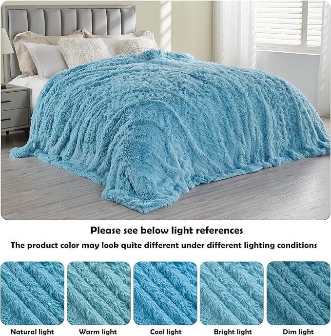 GONAAP Fuzzy Faux Fur Throw Blanket Queen Size Sky Blue Super Soft Cozy Plush Fuzzy Shaggy Blanket for Couch Sofa Bed (Sky Blue, Queen(90"x90"))
