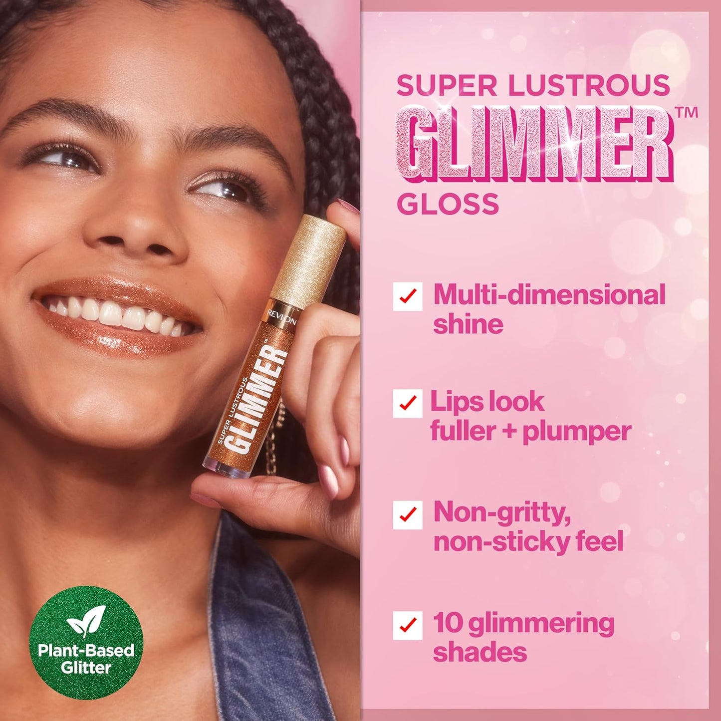 Revlon Super Lustrous Glimmer Gloss, Non-Sticky Lip Gloss, High-Shine Finish, Plant-Based Glitter, 002 Pink Prisma, 0.13 fl oz