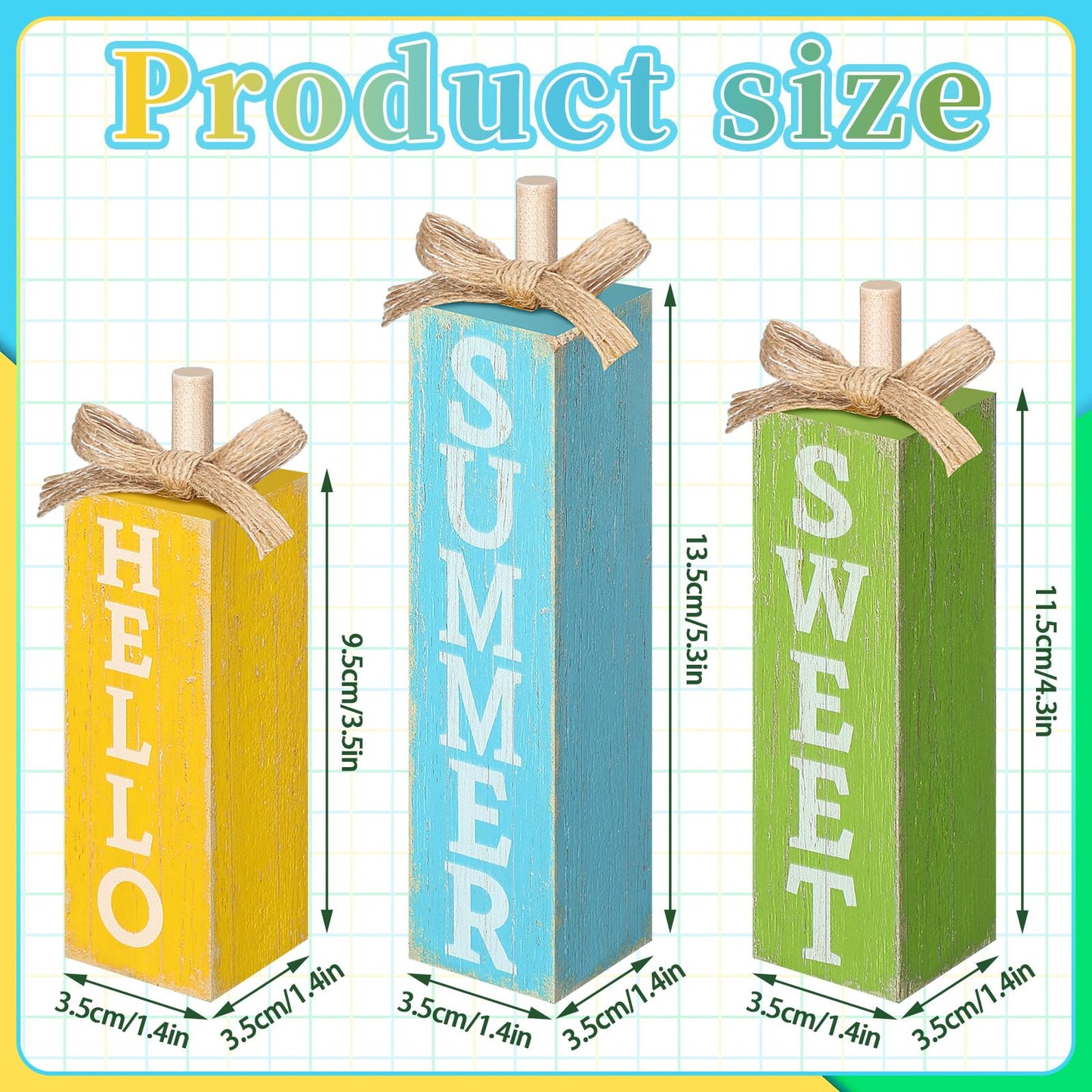 Seeloowy 3 Pcs Hello Sweet Summer Table Block Sign Hello Summer Tiered Tray Decor Rustic Farmhouse Wooden Tabletop Centerpieces for Home Kitchen Shelf Indoor Party Decorations