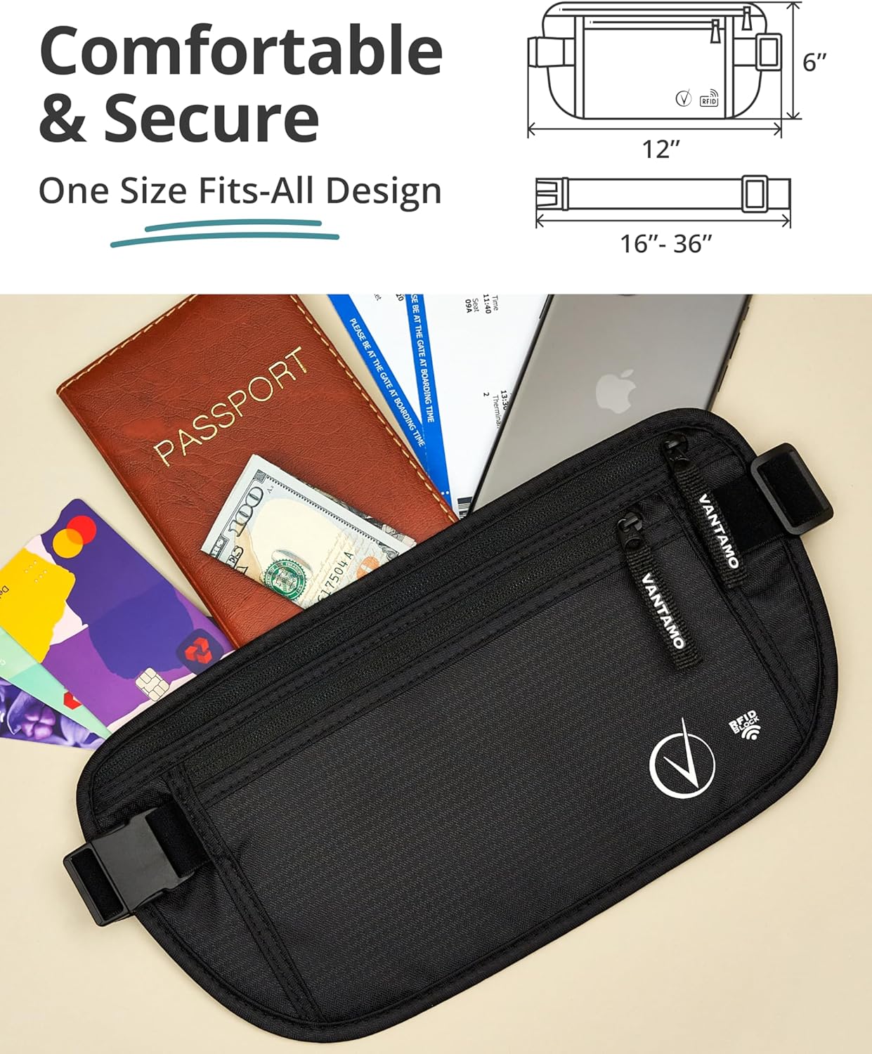 Vantamo Hidden Money Belt For Extra Safety, RFID Ultra-Thin Fanny Pack, 2 Compartment Money Bag Fits Passport & Phone