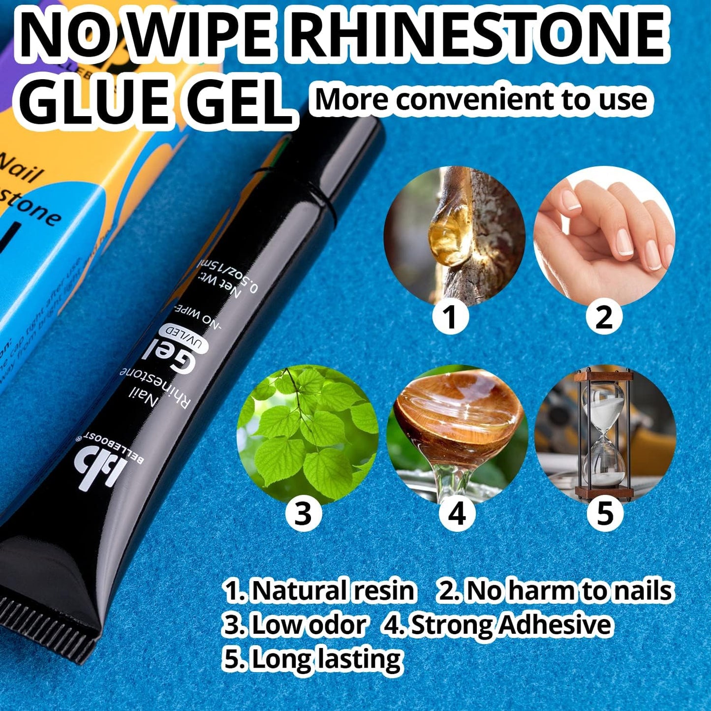Nail Art Rhinestone Glue Gel&Flatback Gems Accessories Kit, 1 Tube of 15ml Rhinestone Gel Glue(UV/LED Needed)+1 Box of Colorful 3D Flowers with Dual end Brush Tool and Tweezer