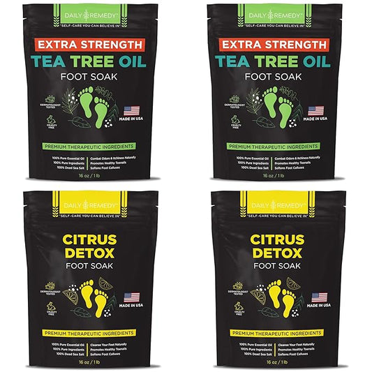 DAILY REMEDY 4-Pack Foot Soak Set - 2 Extra Strength Tea Tree Oil & 2 Citrus Detox - Made In USA - Soothes Sore Tired Feet, Athletes Foot, Stubborn Foot Odor, Softens Calluses & Refreshes & Detoxifies