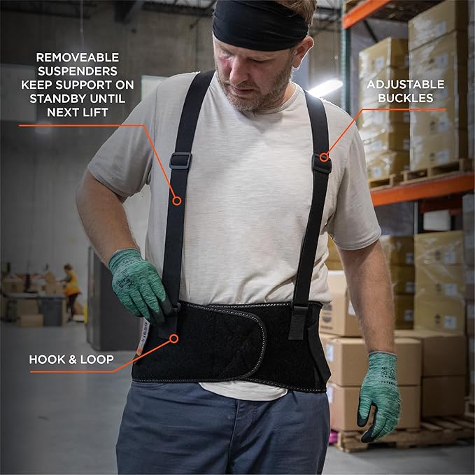 Ergodyne ProFlex 1650 Back Support Belt, 7.5" Elastic, Adjustable, Removeable Straps, Black, 2X-Large