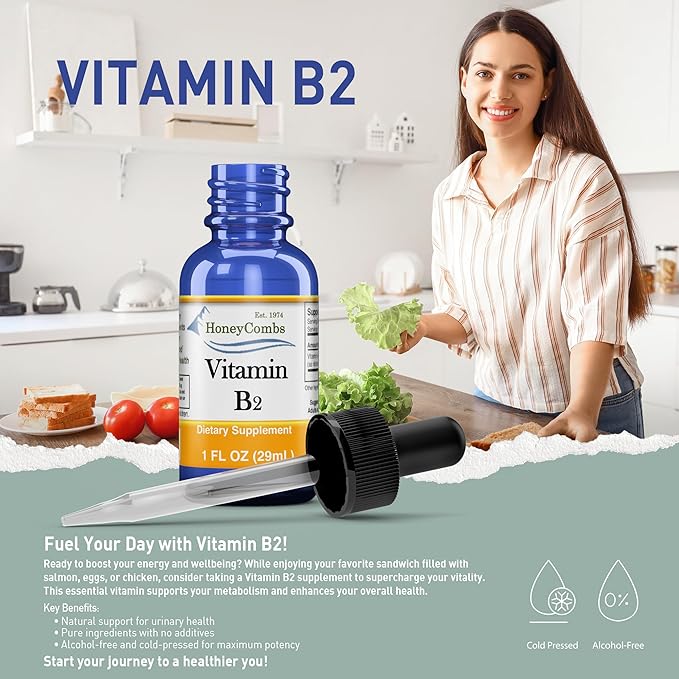HoneyCombs Vitamin B2 Riboflavin Supplement Liquid Drops - High Potency Vitamin B2 for Men & Women - Maintain Healthy Digestion, Nervous System, Hair, Skin, Nails - Vegan Liquid Vitamins (1 Fl oz)