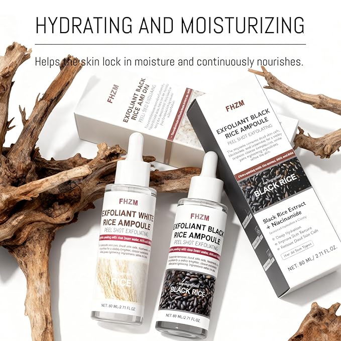 2PCS Rice Exfoliating Ampoule Set – Black & White Rice Dual Brightening Treatment | Gentle Enzyme Peel + Hydration Boost for Glowing Skin | Pore Refining & Dark Spot Care (1)