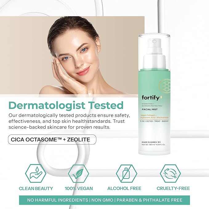 Fortify 9-in-1 Korean Facial Mist Spray with Hyaluronic Acid & Aloe Vera - Ultra Hydrating - Dermatologist Tested, Fragrance-Free - for All Skin Types, Clean Beauty - 130ML/4.39Oz