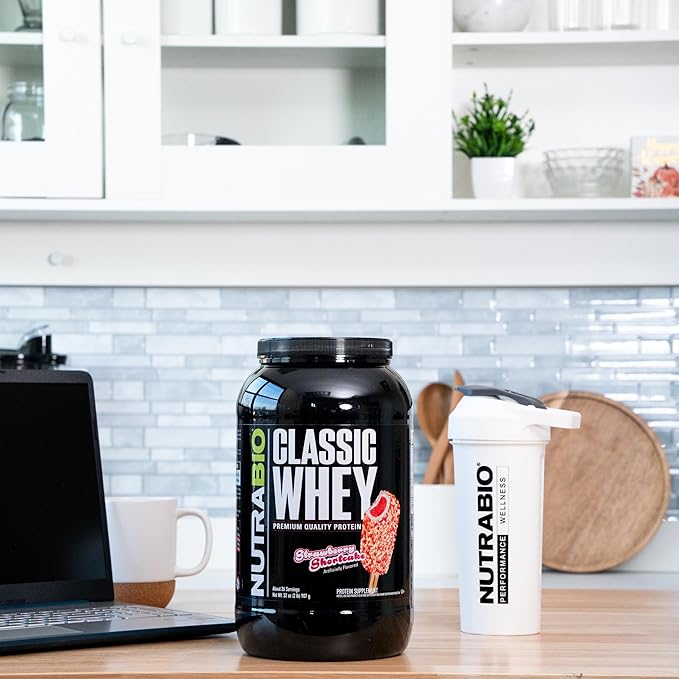 NutraBio Classic Whey Protein Powder Supplement - 25g of Protein Per Scoop - Full-Spectrum Amino Acid Profile with No Fillers, Artificial Colors, or Preservatives - Strawberry Shortcake, 2 Pounds