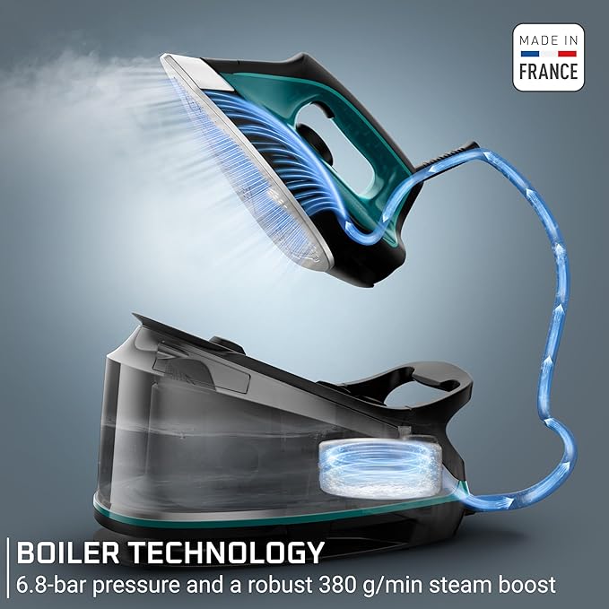 Rowenta Iron for Clothes, High Pressure Steamer Iron with Boiler System, 400 Steam Holes, Vertical Steaming, 37oz Tank, Stainless Steel Soleplate, Auto-Off 1800 watts, Black Green, DG7626