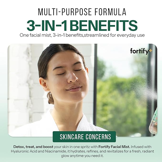 Fortify 9-in-1 Korean Facial Mist Spray with Hyaluronic Acid & Aloe Vera - Ultra Hydrating - Dermatologist Tested, Fragrance-Free - for All Skin Types, Clean Beauty - 130ML/4.39Oz