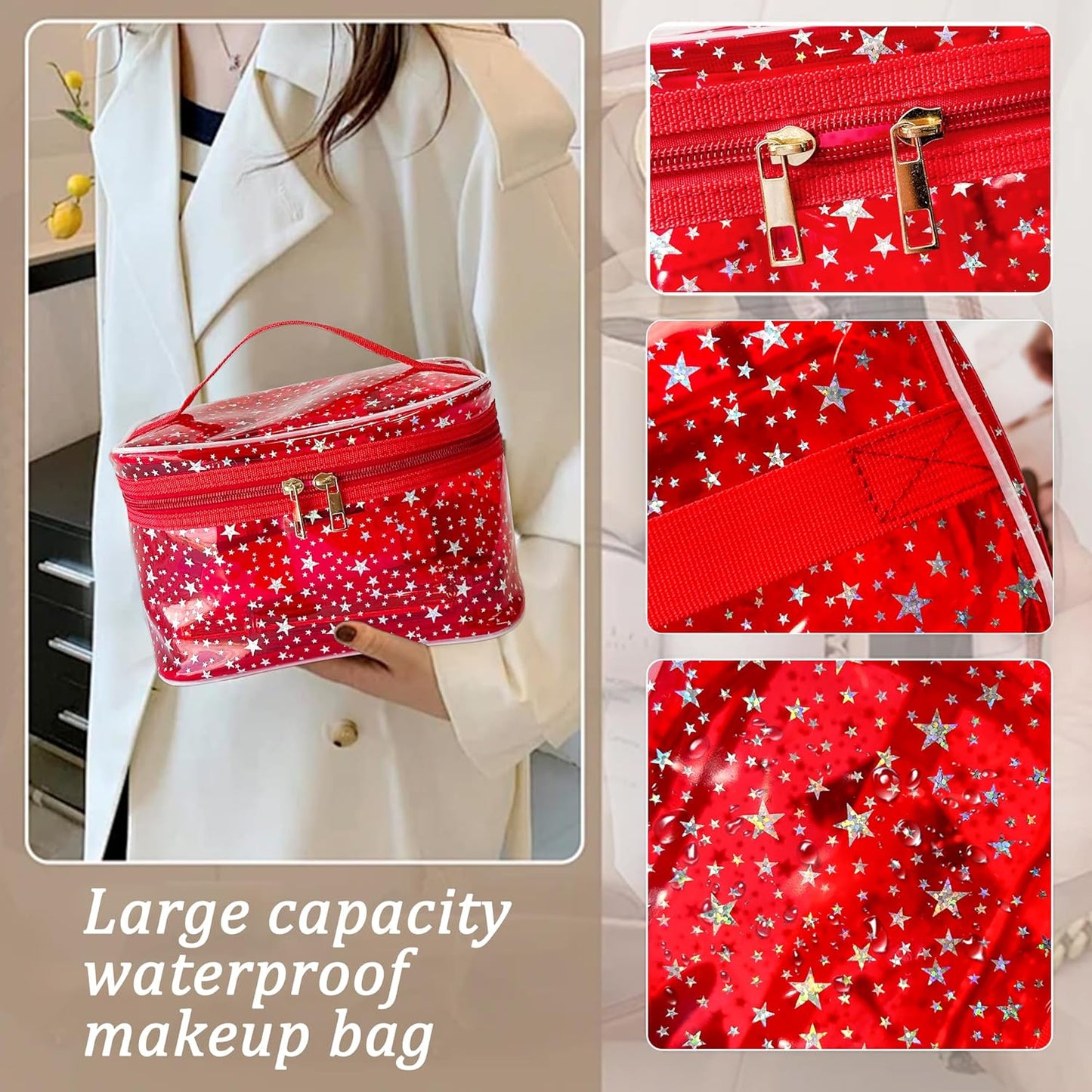 Holographic Makeup Bags Bulk,Clear Storage Bag Toiletry Pocket Portable Zippered Iridescent Pouch Waterproof Cosmetic Gift Bags for Women (Black-L)