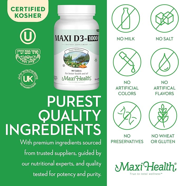 Maxi Health Vitamin D3 1000 IU Dietary Supplement - Easy to Swallow - Odorless & Tasteless - Supports Calcium Absorption, Immune Health and Bone Health in Adult Women & Men - 90 Tablets