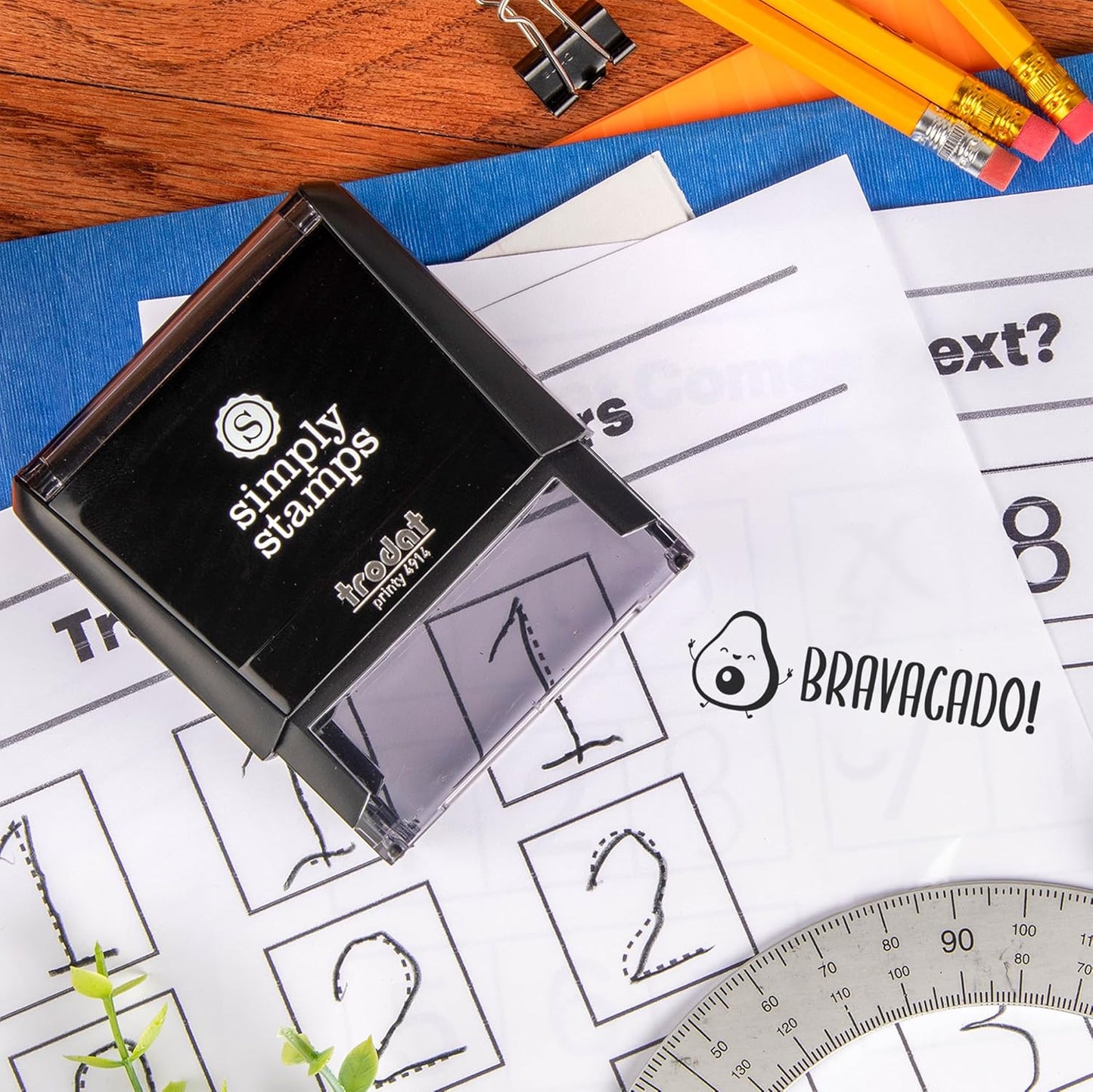 Bravacado Xtra Wide Self-Inking Stamps | 49 Designs | Classroom Phrases | Grading Made Easy