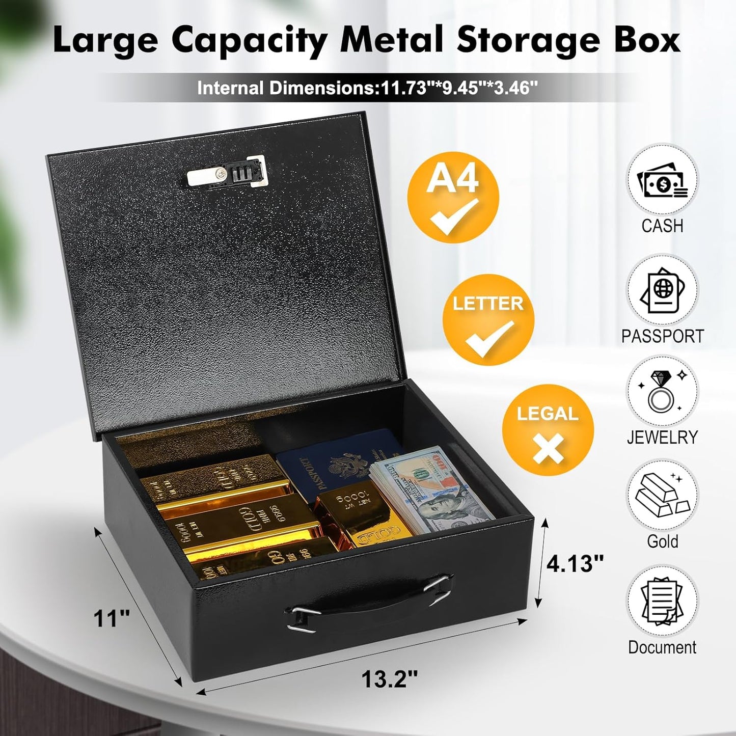 KYODOLED Fireproof Lock Box for Documents, Dual Combination and Key Lock Security with Carrying Handle, Metal Strong Safe Box to Keep Personal Items, Documents, Exterior 13.2''x 11''x4.13'', Black