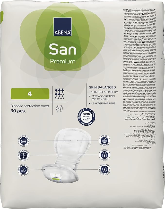 Abena San Premium Incontinence Pads, Moderate Absorbency, (Sizes 4 to 7), Size 4, 270 Count