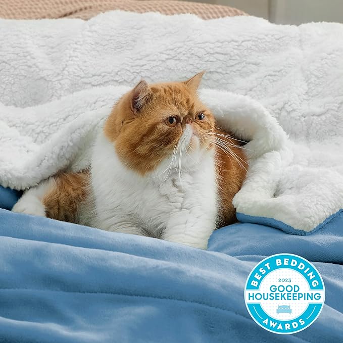Bedsure Sherpa Fleece Washed Blue Throw Blanket for Couch - Thick and Warm, Soft Fuzzy Plush Throw Blanket for Winter, 50x60 Inches